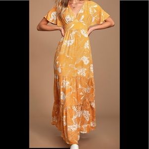 Lulus Savanna Golden Yellow Floral Print Maxi Dress Size Medium